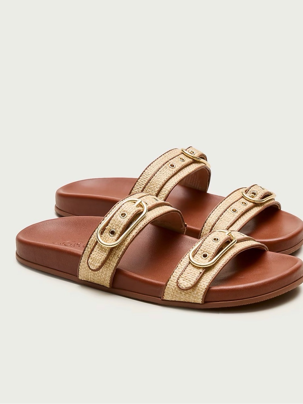J. Crew Brown Leather Slide Sandals with Natural Raffia Straps and Gold Buckles
